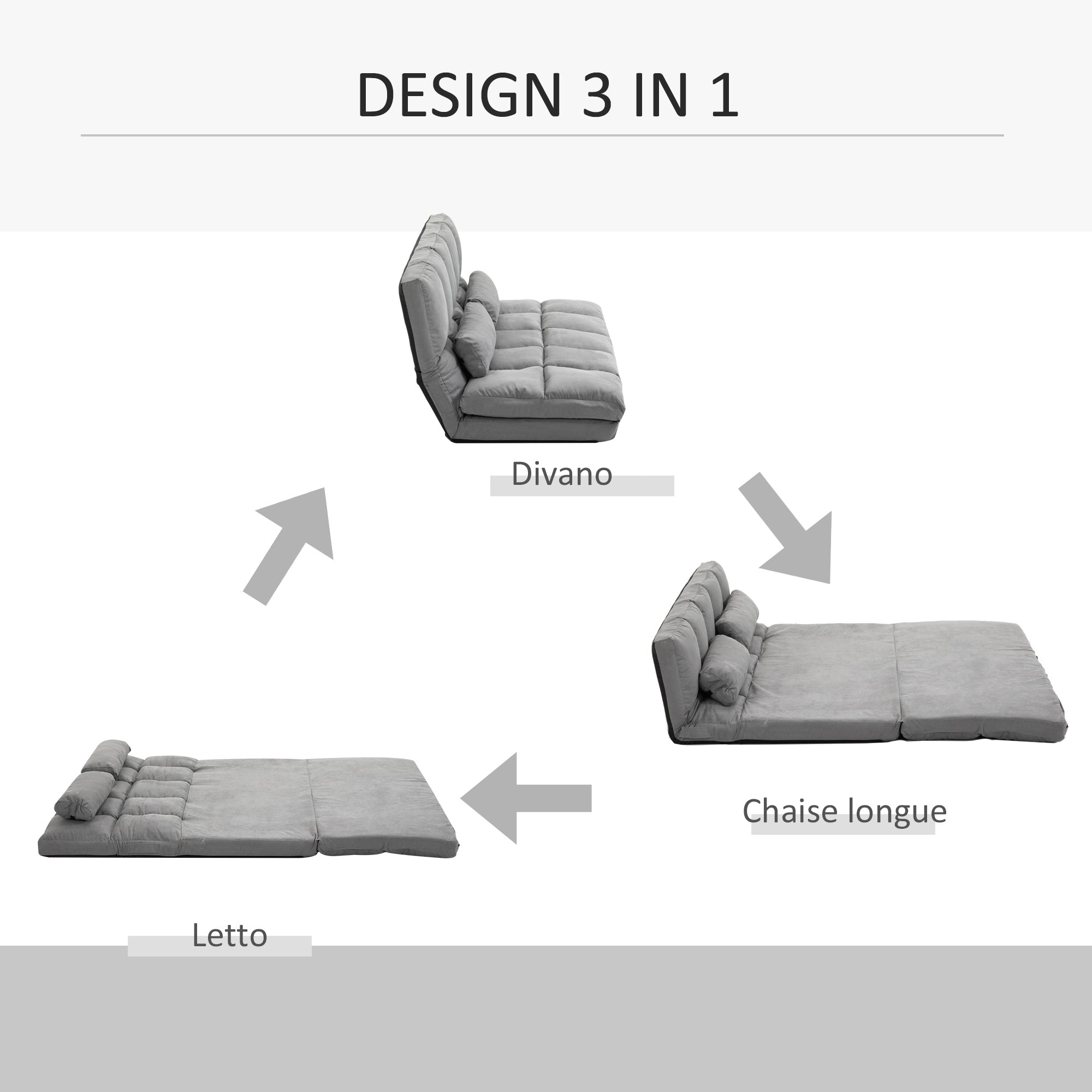 Easycomfort Divano da Terra Pieghevole a Lettino, Schienale Reclinabile su 7 Livelli e Cuscini, Divano Moderno per TV, Giochi, Lettura, Yoga, Ufficio, 130x73x60 cm, Grigio Chiaro