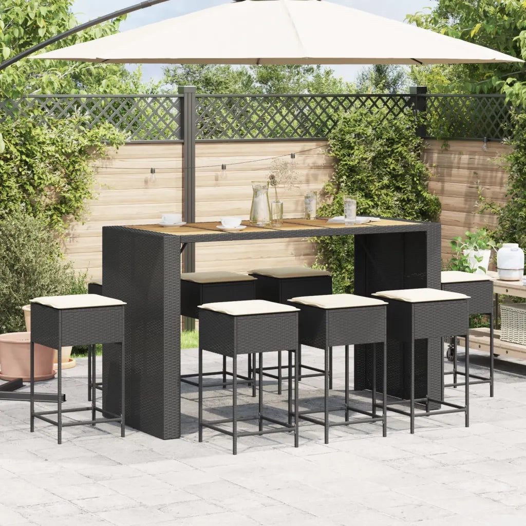 Set Bar da Giardino 9 pz con Cuscini in Polyrattan Nero 3261519