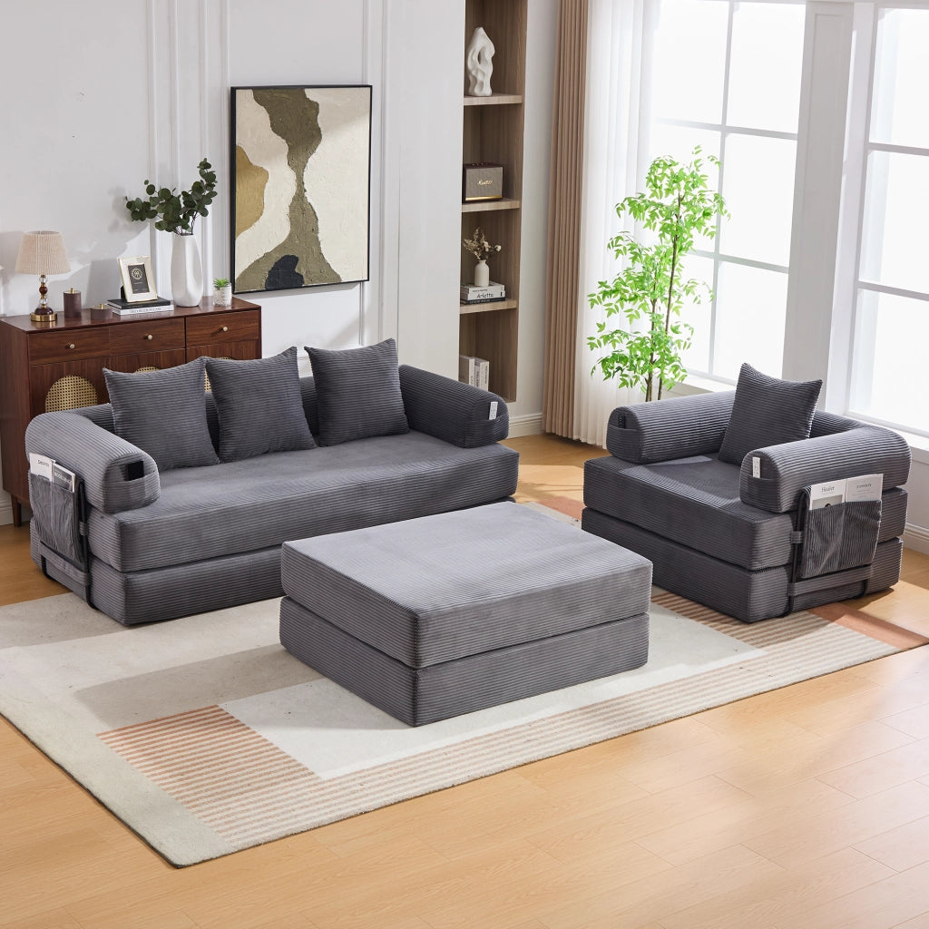 DIVANO Modulare in velluto a coste grigio scuro con pouf e 3 cuscini