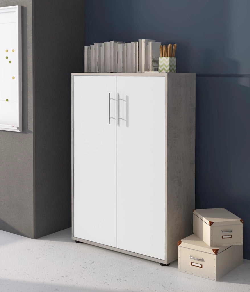 Set Per Ufficio Completo Con 2 Scrivanie 1 Modulo Ad Angolo 1 Cassettiera Con Ruote 2 Armadi Alto E Basso 2 Librerie Alta E Bassa Bianco Frassinato E Grigio Cemento