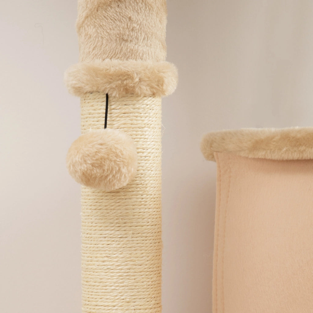Albero per Gatti Multilivello Alto 132 cm con Casetta Lettino Pali Tiragraffi Spazzola e Pallina Beige