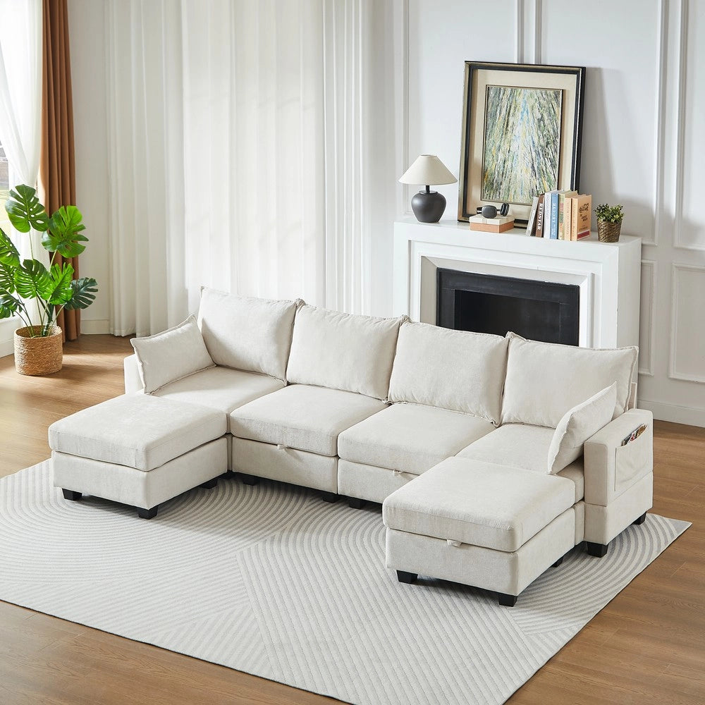 Divano angolare 6 posti con chaise longue e contenitore ¨C Minimal ¨C tessuto chenille