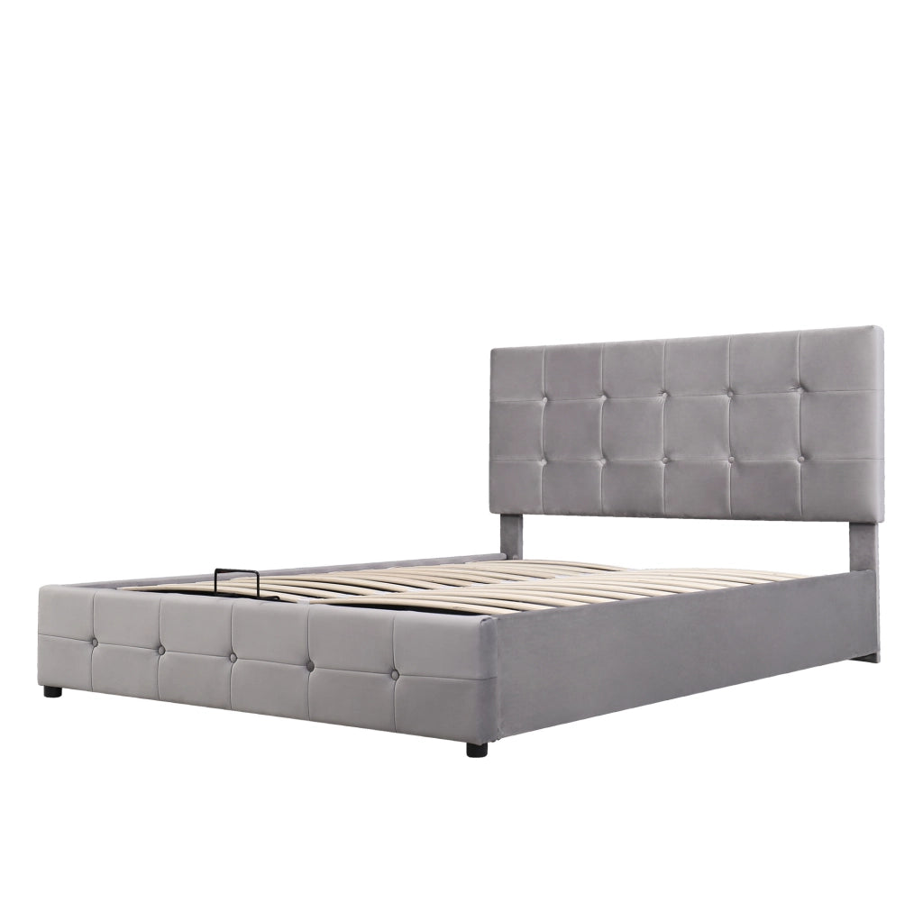 Letto imbottito ULEVR 140x200 cm con contenitore idraulico e rete a doghe, velluto grigio