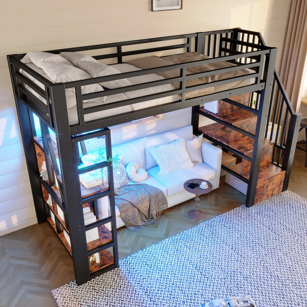 OKWISH Letto a Soppalco 90×200 cm, Letto Singolo con Scala con Contenitore, Ripiani e LED Multicolore, senza Materasso, Nero