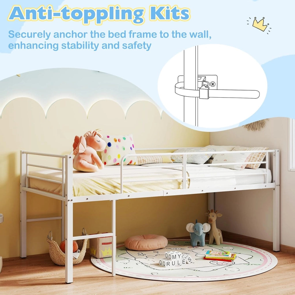 Letto a Castello in Metallo, Letto per Bambini con Protezione Anticaduta e Scala su Entrambi i Lati, Letto per Ragazzi con Rete a Doghe e Ampio Spazio Giochi/Ripostiglio sotto Letto (Bianco)
