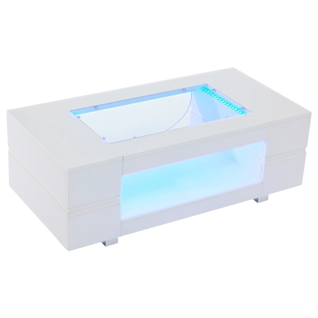 Tavolino da caffè con LED e 2 ripiani - per soggiorno - bianco - 100x50x35 cm