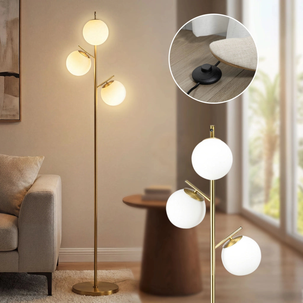 Lampada da terra retro con 3 paralumi in vetro dorato ¨C zephmum ¨C vetro, oro