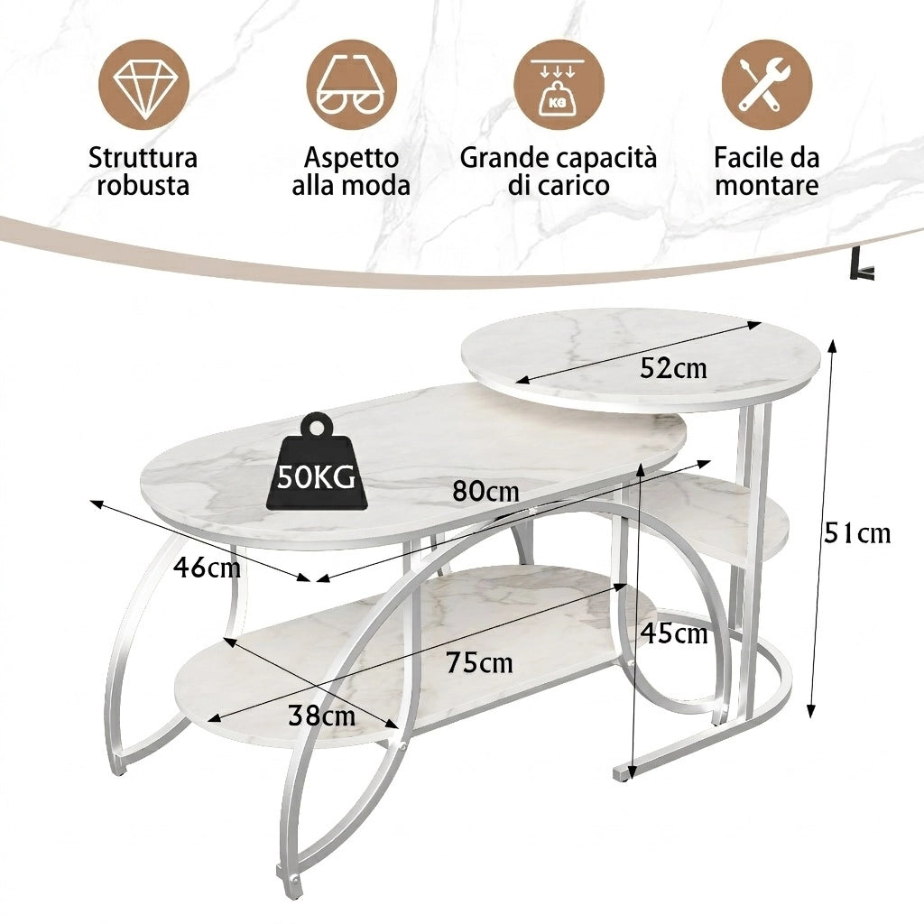 Tavolini da salotto set 2 pezzi 80x46x45 cm con contenitore pieghevoli da divano effetto marmo metallo - argento