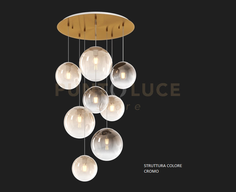 SOSP. BIANCO 8 LUCI TONDA VETRI (2 PICCOLI AMBRA+3 PICCOLI BRONZO+2 MEDI AMBRA+1 MEDIO BRONZO) 1194BI-S8 TPM-AB