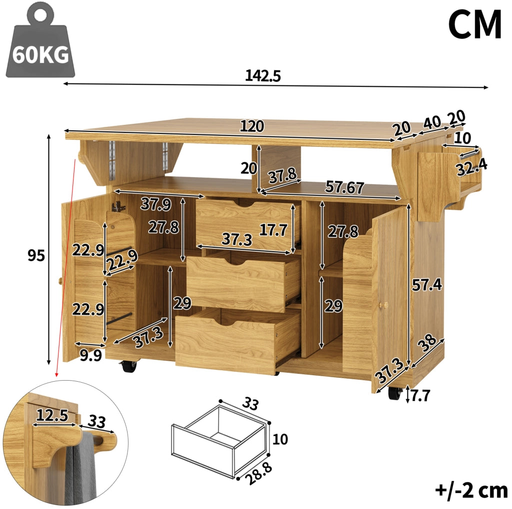 Isola da cucina mobile con piani ribaltabili, 3 cassetti, marrone