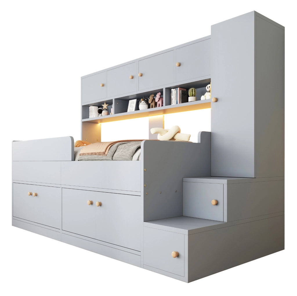 Letto a soppalco ULEVR 90x200 cm con armadi, scala contenitore, ripiani, LED e sponde di sicurezza, grigio