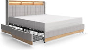 Letto imbottito Nura, Grigio, 180x200 cm con 4 cassetti, con porta di ricarica USB, illuminazione LED e telecomando