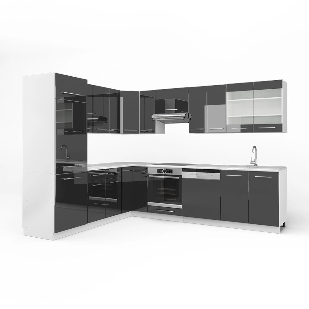 Cucina angolare completa Fame-Line Antracite lucido/Bianco 287 x 227 cm, PL Marmo Vicco