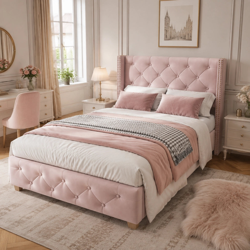 Letto imbottito 90x200 cm in velluto rosa con testiera capitonné; rete a doghe e gambe in legno