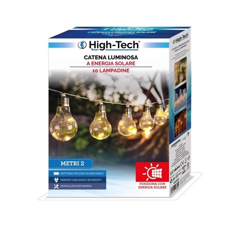 HIGH-TECH CATENA LUMINOSA AD ENERGIA SOLARE CON 10 LAMPADINE 2 MT LUCE CALDA OKX
