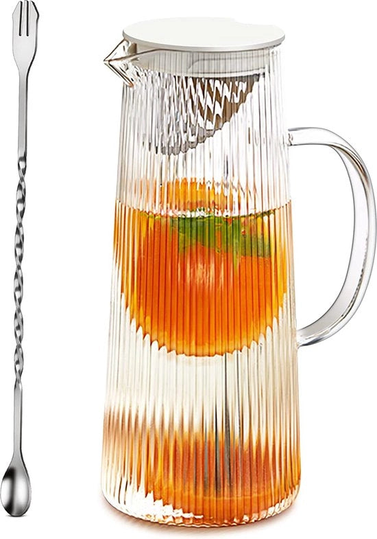 Karaf in vetro con coperchio 1,3 litri, karaf vetro con coperchio in acciaio inossidabile/bamboo, caraffa in vetro, karaf vetro, ideale per limonata, acqua e tè, bianco