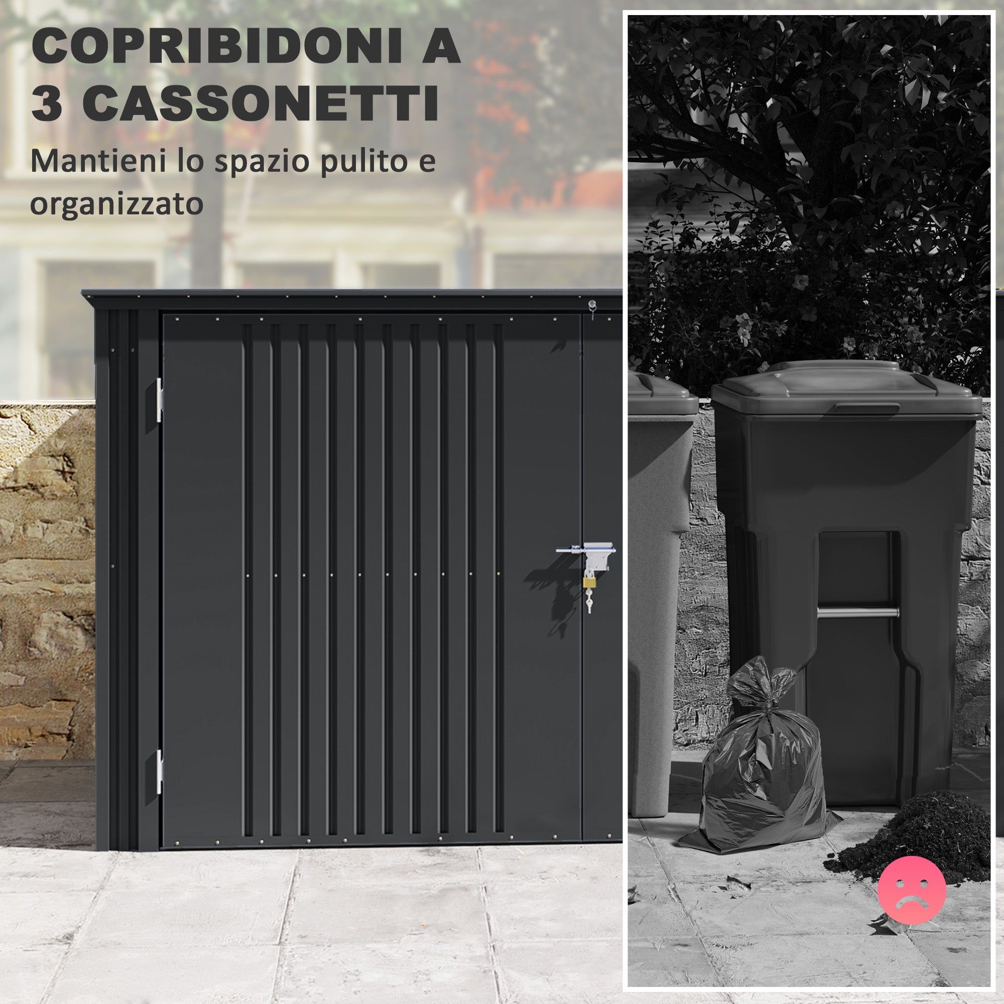 Copribidoni per 3 Cassonetti da 240L 233x105x118,5-133 cm con 2 Porte e Coperchio Grigio Scuro
