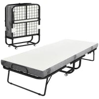 Letto Pieghevole Singolo 90x200 cm con Materasso Spesso 10 cm, Rete in Metallo e Ruote con Freno, Nero