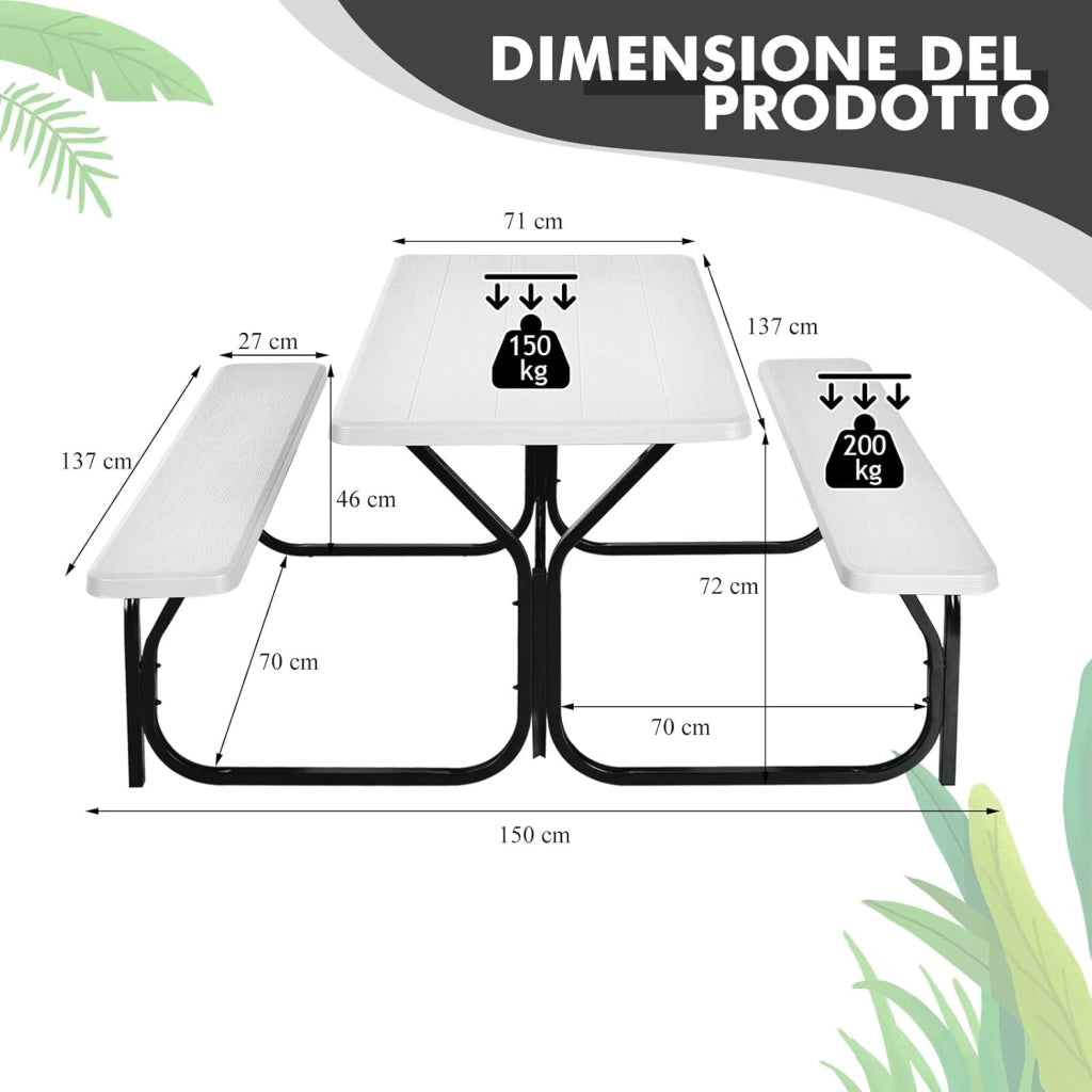 Tavolo da Campeggio con Sedie, da 4 Posti, 137 x 150 x 72cm, Set Tavolino Picnic HDPE Struttura in Metallo, per Picnic Cortile Barbecue (bianco)