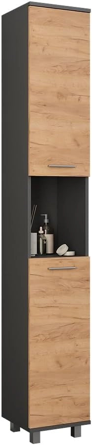 Mobile alto Ilias, Antracite/quercia dorata, 30.2 x 190 cm con 2 porte, per la conservazione di articoli da bagno e prodotti per la cura personale