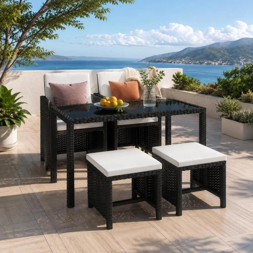 5-piece Garden Dining Set With Cushions, Poly Rattan, Black