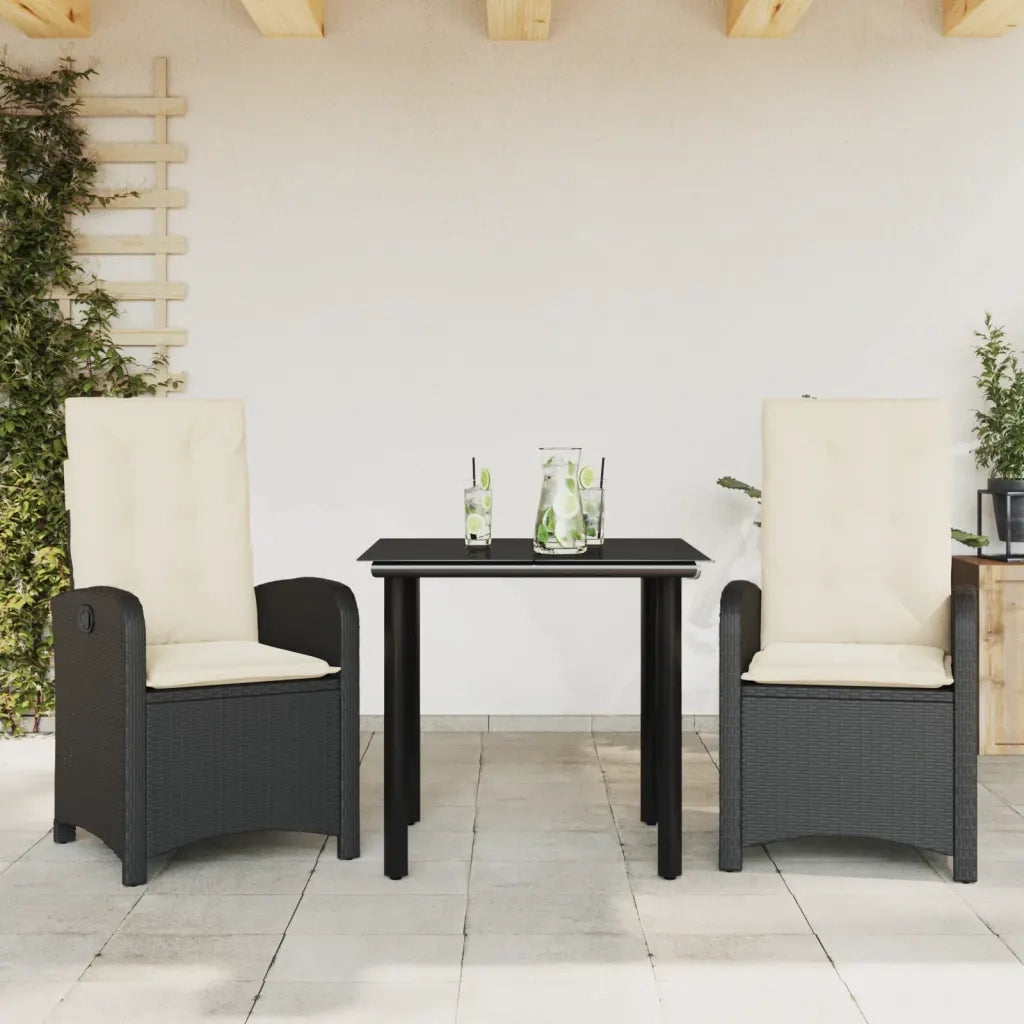 Set da Pranzo da Giardino 3 pz | Set Salotto da Giardino con Cuscini Nero in Polyrattan