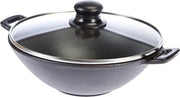 Wok con coperchio - griglia a vapore - stecchi - pentola in ghisa - 24 cm - piastre elettriche - nero