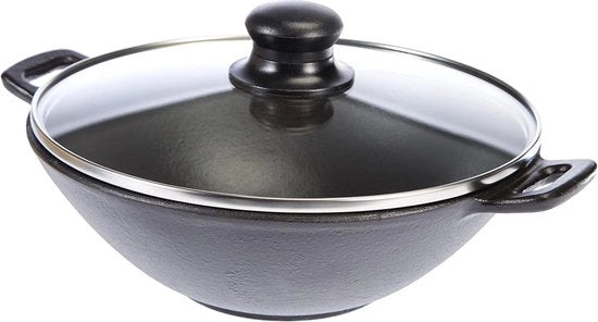 Wok con coperchio - griglia a vapore - stecchi - pentola in ghisa - 24 cm - piastre elettriche - nero