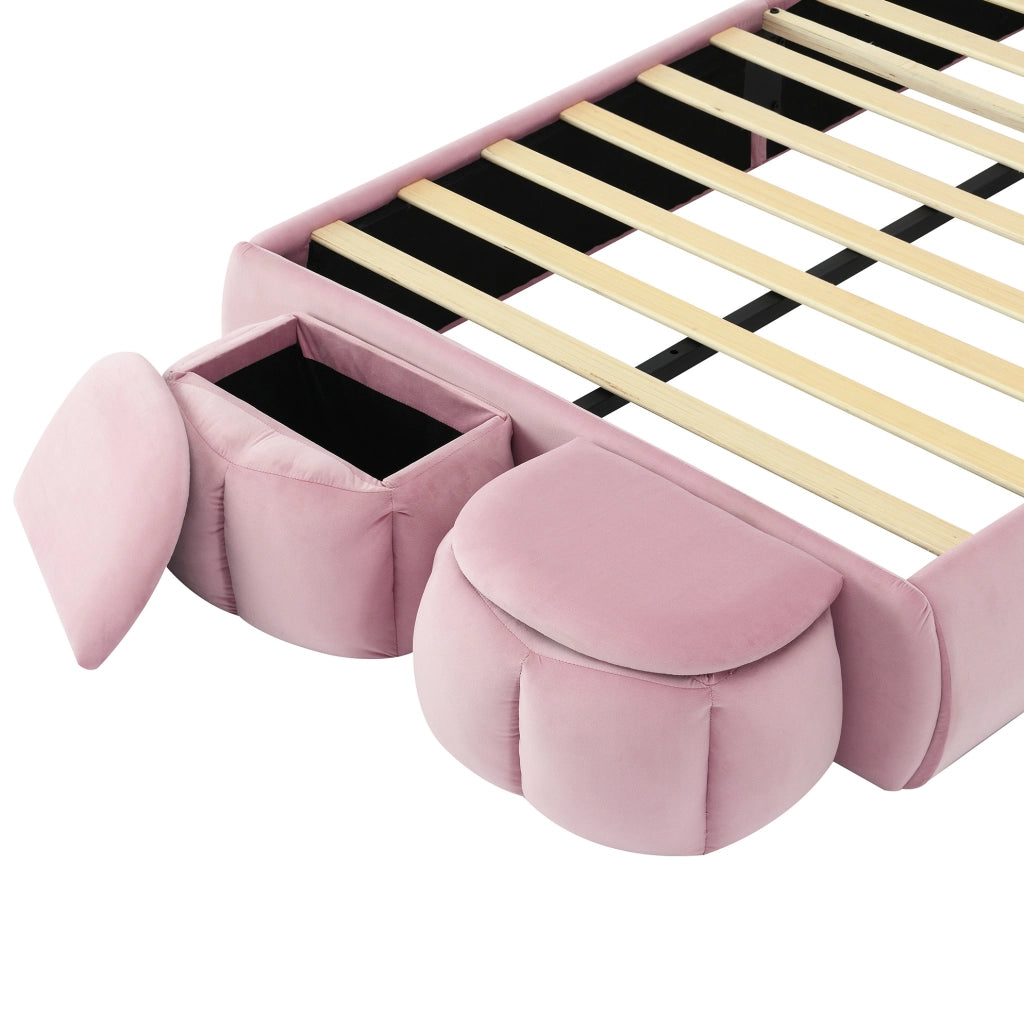 Letto singolo imbottito con orecchie da coniglio LED; velluto rosa; 90x200 cm