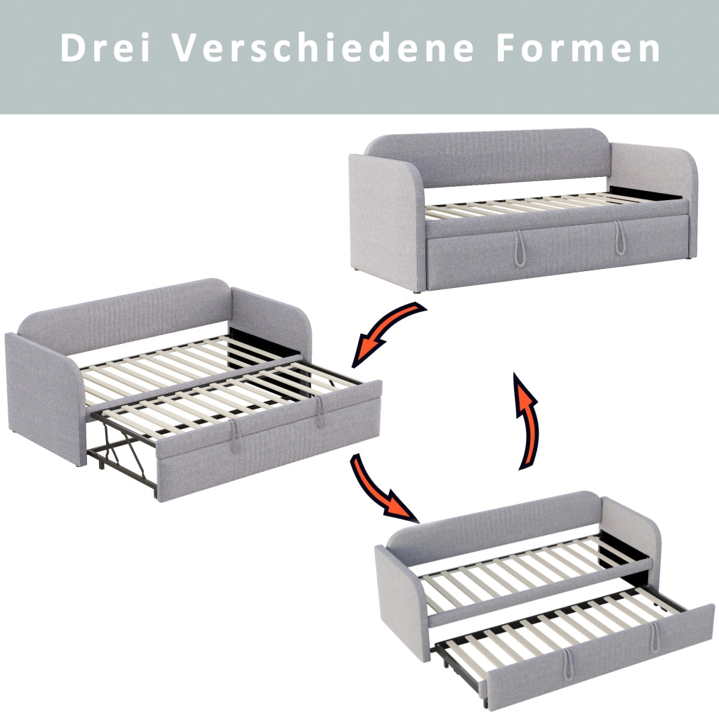 Letto divano estraibile 90/180x190 cm con schienale a righe verticali; rete a doghe e rivestimento in lino grigio chiaro