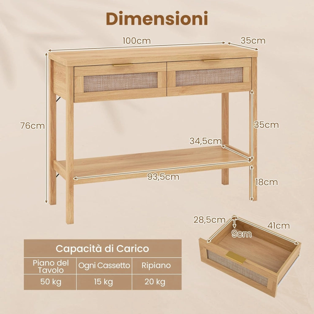Tavolo Consolle, Tavolino da Divano in Legno con Doppio Cassetto, Ripiano Inferiore e Ampio Piano, Kit Antiribaltamento, Consolle per Ingresso, Corridoio e Soggiorno (Naturale)