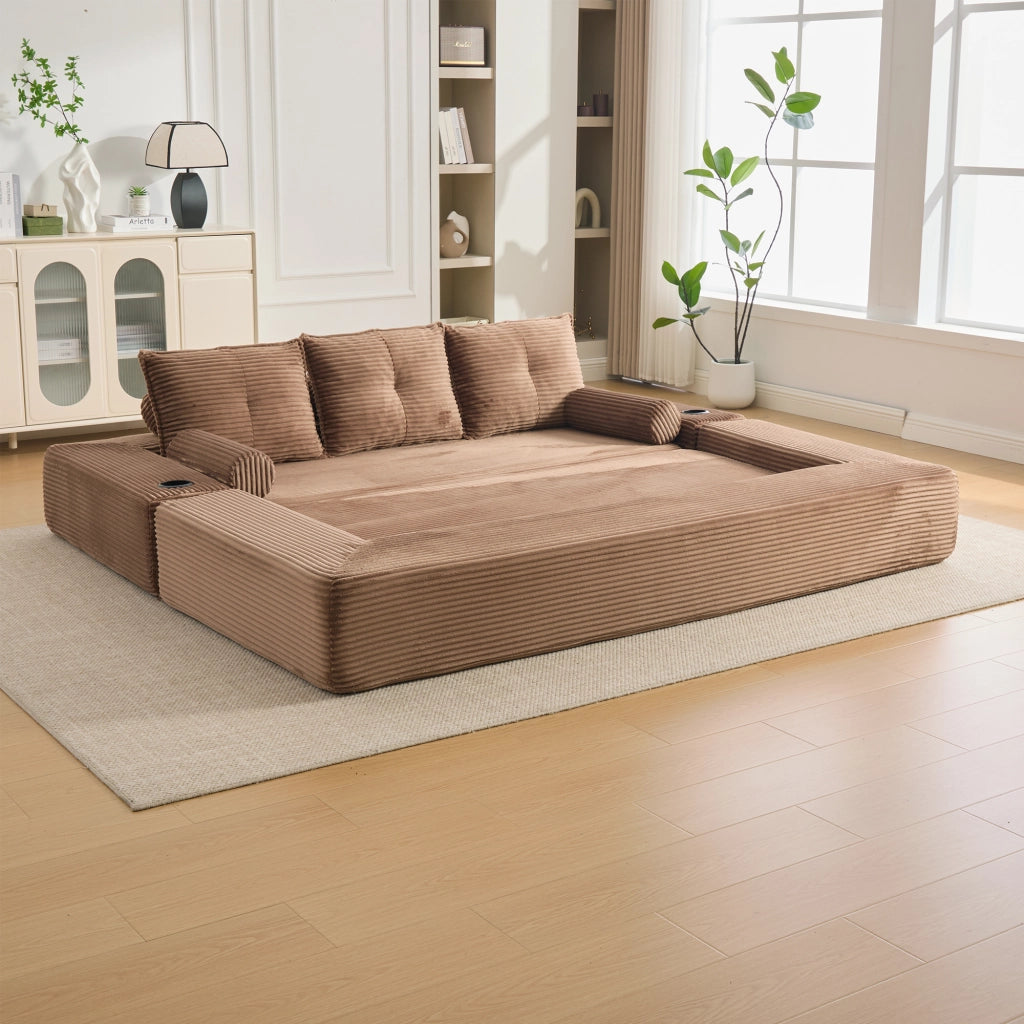 Divano letto modulare in velluto a coste marrone con tasche portabevande e cuscini memory 232 × 98 × 80 cm