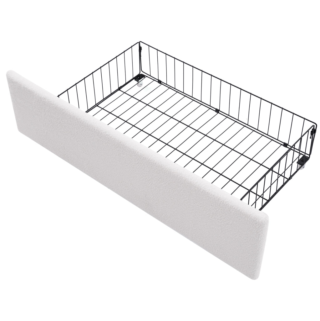 Letto singolo 90x200 cm in sherpa bianco con materasso, LED, USB-C e 2 cassetti