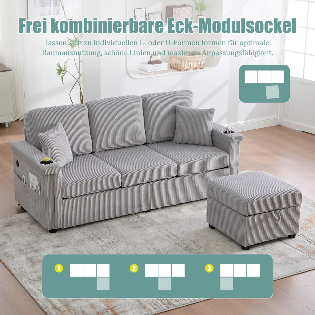 DIVANO Modulare con LED, USB/TypeC, contenitore, 194x73x81 cm, Grigio chiaro