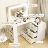 Toeletta da Camera con Specchio e Luci LED Regolabili, 6 Cassetti, 2 Ripiani e Prese Elettriche, Bianco