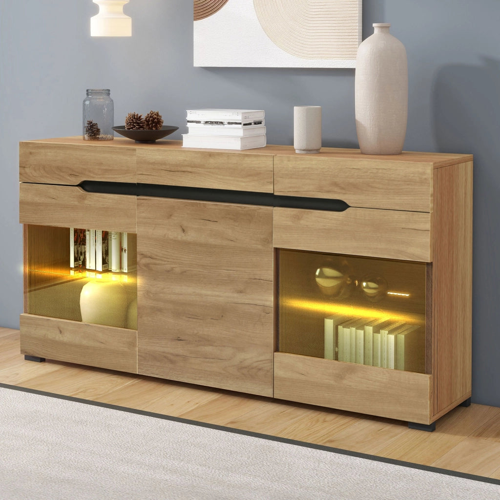 Credenza con 3 Ante e 3 Cassetti e LED; Frontale Lucido; Stile Moderno; Soggiorno; in Pannello Truciolare; 140??35??80 cm; Rovere