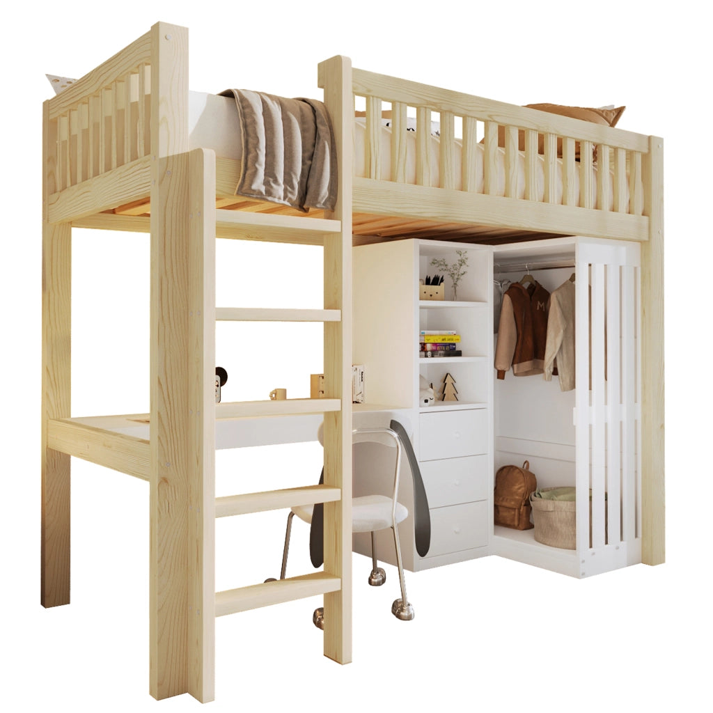 Letto a castello naturale in pino con scrivania armadio e 3 cassetti 90x200 cm