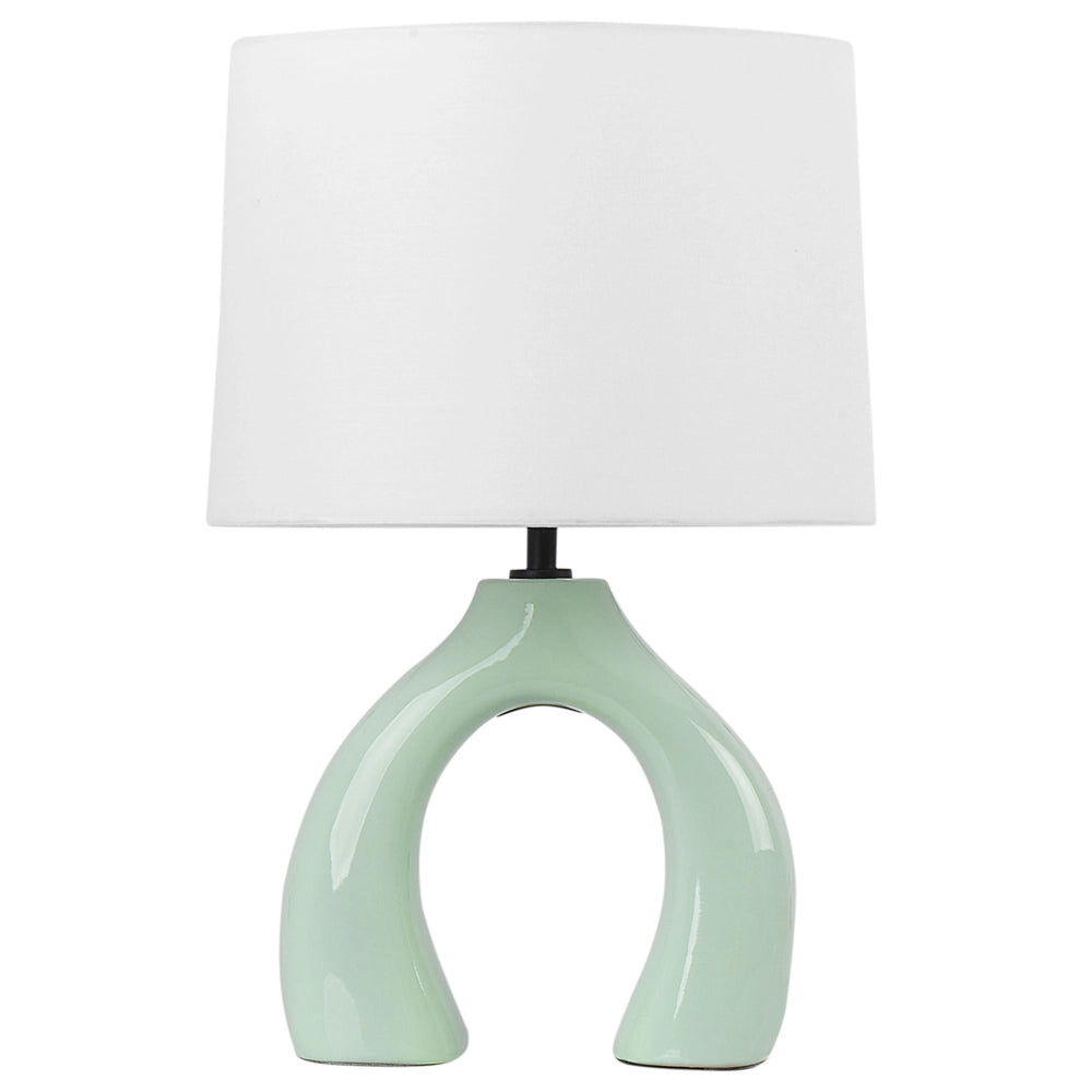 Lampada da tavolo in ceramica verde con paralume a tamburo in lino base minimalista design stile contemporaneo