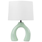 Lampada da tavolo in ceramica verde con paralume a tamburo in lino base minimalista design stile contemporaneo