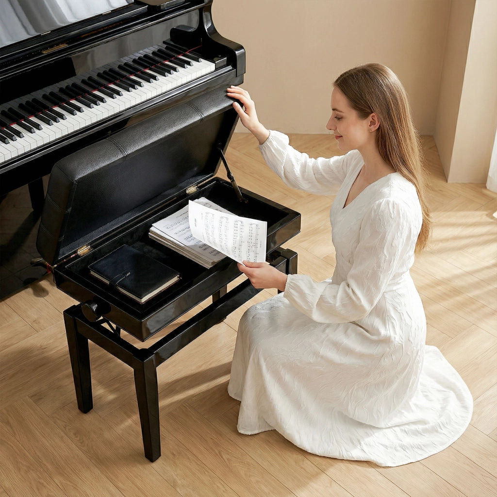 Sgabello per Pianoforte con Altezza Regolabile e Contenitore ¨C Xylo ¨C Legno e Similpelle Nero 63x35x46-56cm