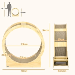 Ruota per gatti in legno 91 cm con freno e tappetino tiragraffi, colore rovere