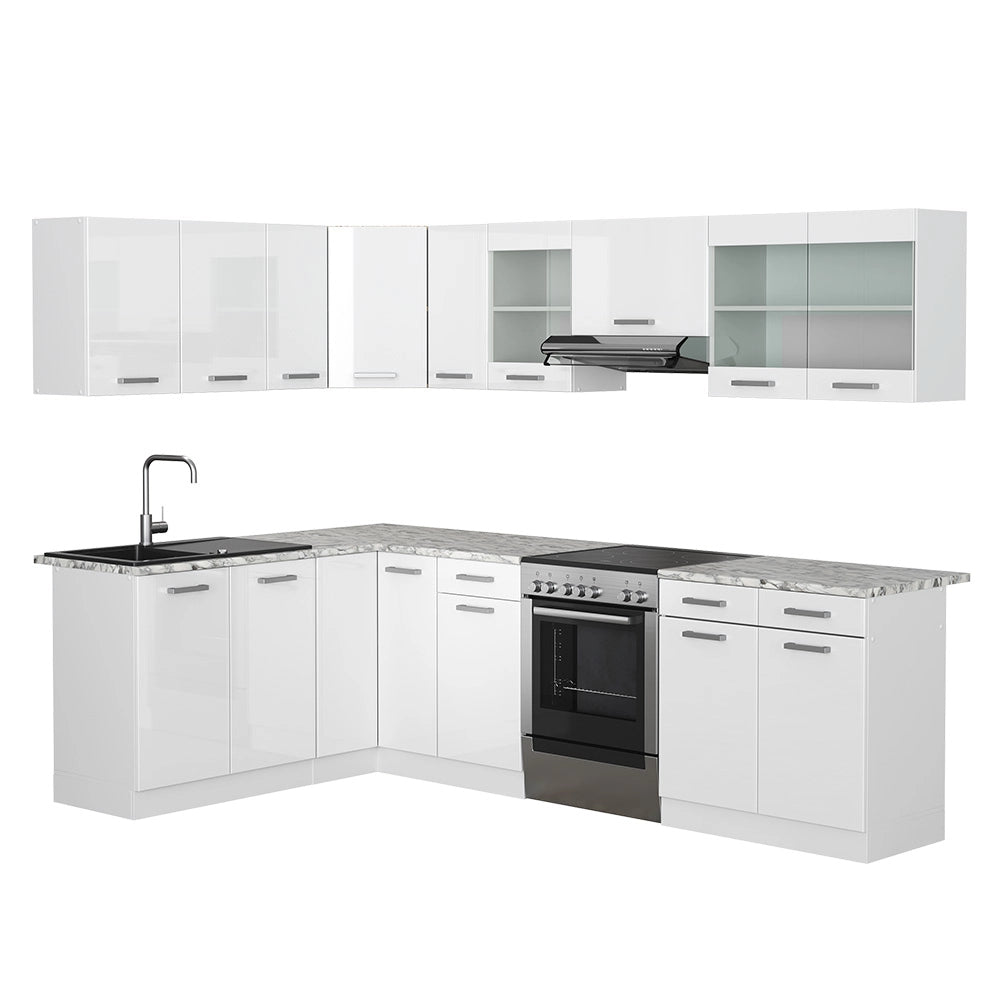 Vicco Cucina ad angolo Bianco/bianco lucido 267 x 167 cm , PL Marmo con striscia LED