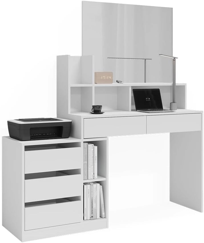 Scrivania Anja, Bianco, 139.8 x 40 cm con cassetti, adatto come postazione di lavoro o superficie d’appoggio in ambienti domestici