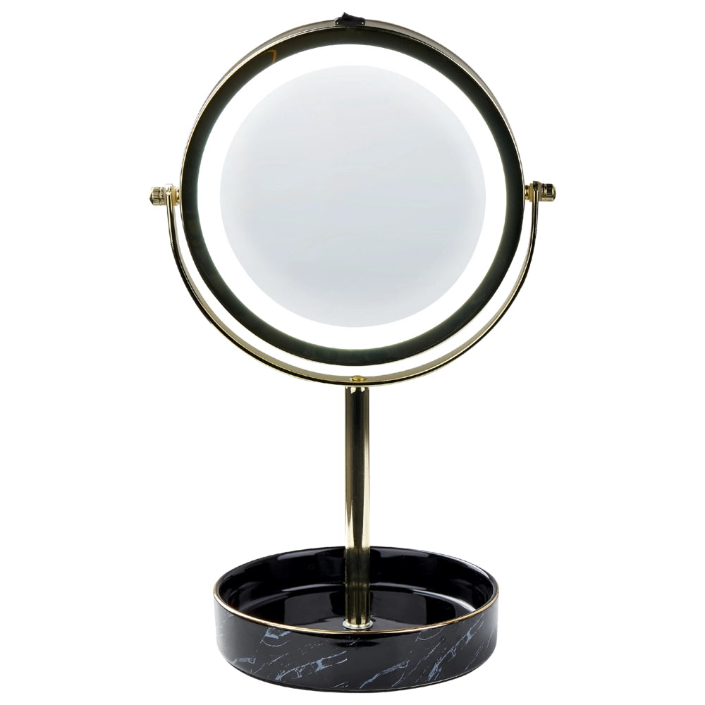Specchio trucco con luci LED e telaio in ferro Ø 20 cm in color oro e nero moderno
