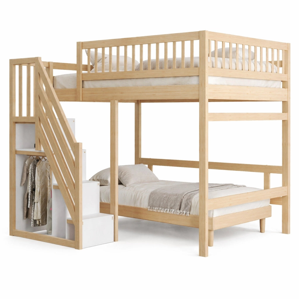 Letto singolo rialzato 140x200 cm in legno naturale con scala contenitore e sponda alta