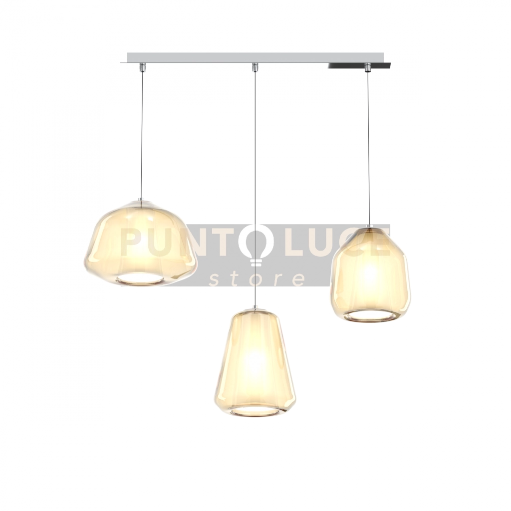 SOSPENSIONE CROMO 3 LUCI RETTANGOLARE VETRI ALPHA + BETA + GAMMA AMBRA 1176CR-S3 R ABG-AM