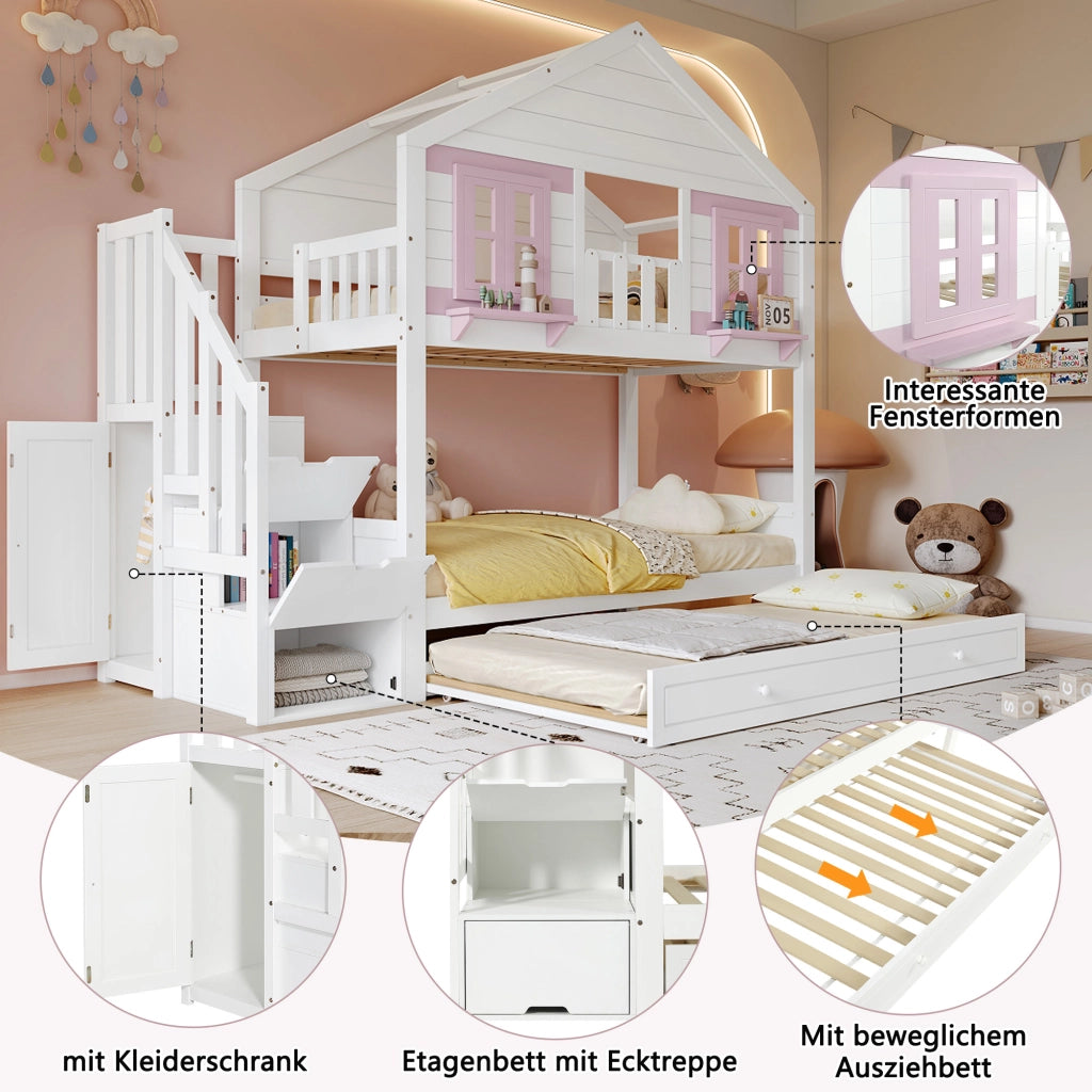 Letto a castello per bambini 90 × 200 cm con letto estraibile, scale contenitore e appendiabiti, senza materasso