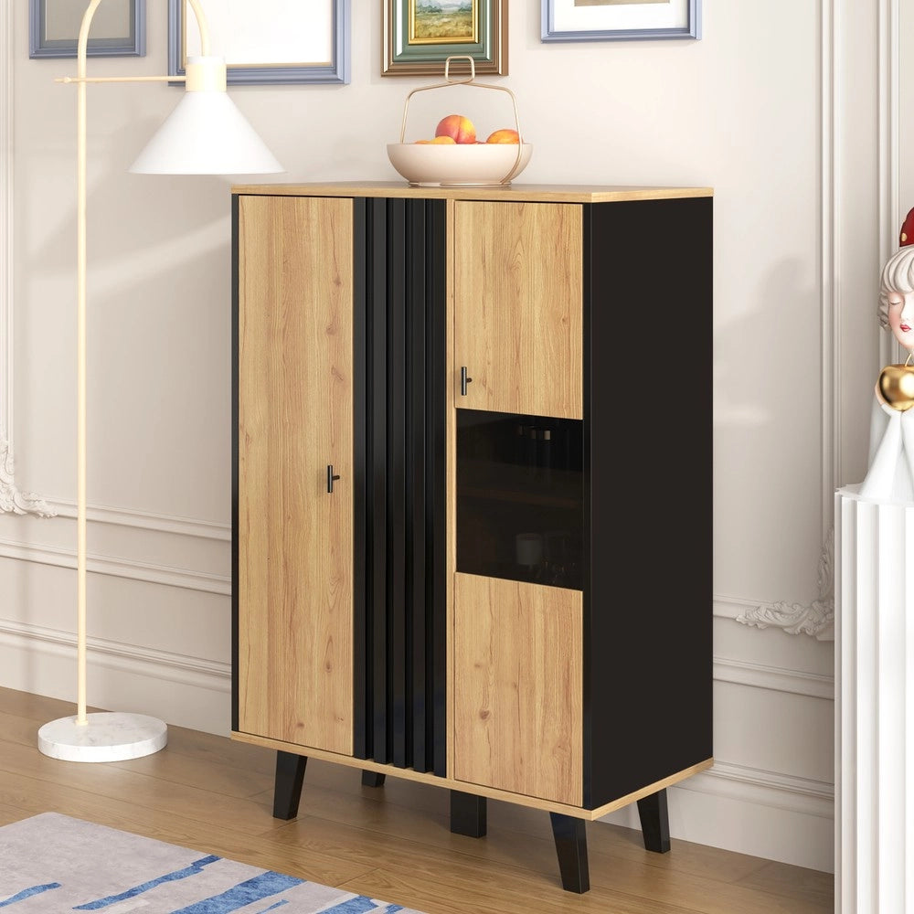 Mobile Vetrina con LED ¨C MINIMAL ¨C Nero e Legno, Ante in Vetro