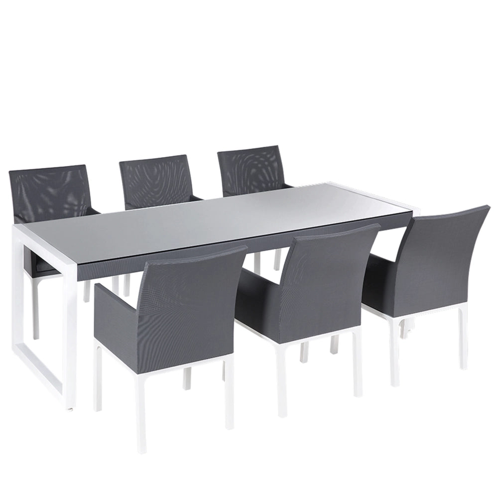 Set da pranzo da giardino Piano in vetro grigio 202 x 90 cm Struttura in alluminio a 6 posti con imbottiture per cuscino del sedile