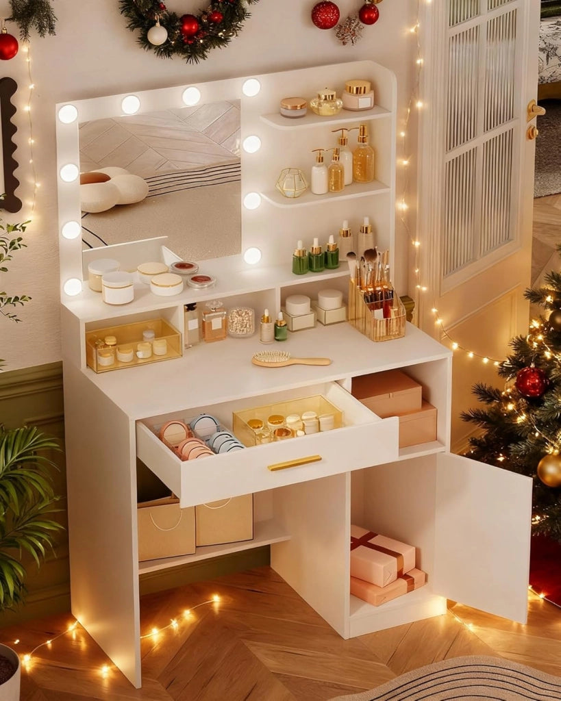 Hzuaneri Toeletta da Trucco, Luminosità Regolabile,Tavolo da Trucco con Specchio Grande, ampio cassetto e armadietto, Durevole e stabile, Moderno, Bianco VT08103X